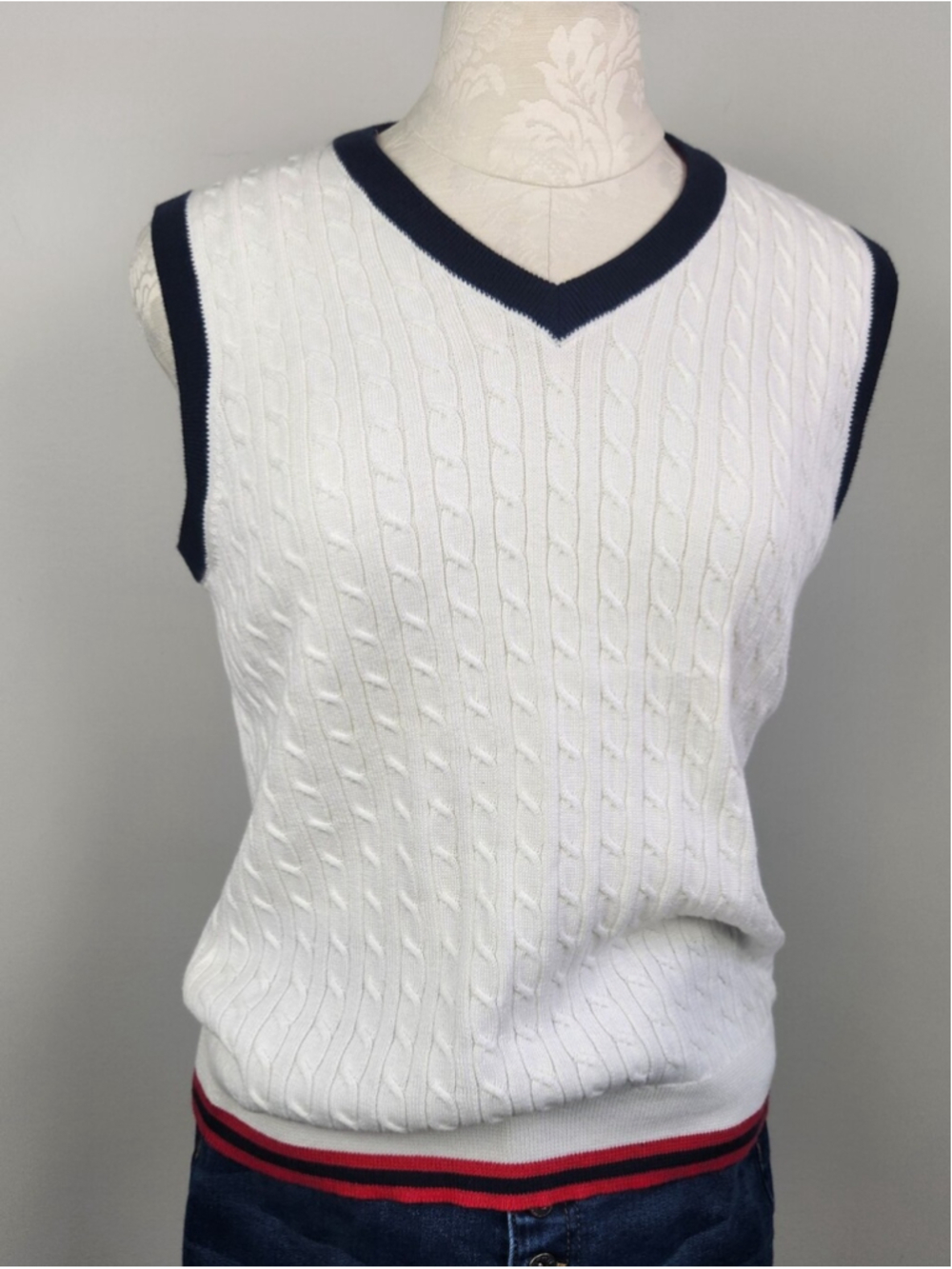 Supima Cotton Cable Knit Sweater Vest White Size Larg Preppy Heritage Old Money - Picture 2 of 11